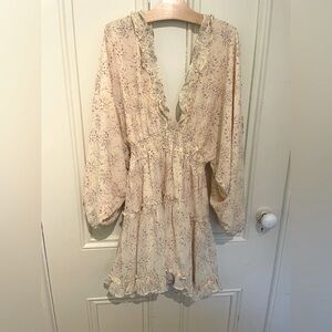 Storia Floral V Neck Ruffle Flirty Dress with Elastic Waist Size Medium